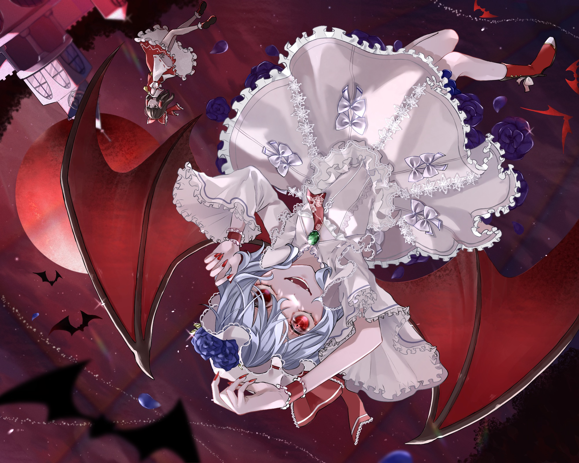 sobashion, hakurei reimu, remilia scarlet, touhou, highres, 2girls, bat (animal), black hair, boots, bow, building, detached sleeves, fangs, flower, flying, frilled cuffs, frilled hat, frilled skirt, frilled sleeves, frills, full moon, hair bow, hair ribbon, hat, hat flower, high heel boots, high heels, long sleeves, looking at viewer, medium hair, mob cap, moon, multiple girls, nail polish, open mouth, purple flower, purple hair, purple rose, red boots, red bow, red eyes, red moon, red nails, red ribbon, red shirt, red skirt, red sky, ribbon, rose, scarlet devil mansion, shirt, short hair, skirt, sky, sleeveless, sleeveless shirt, smile, upside-down, white hat, white shirt, white skirt, wide sleeves, wrist cuffs