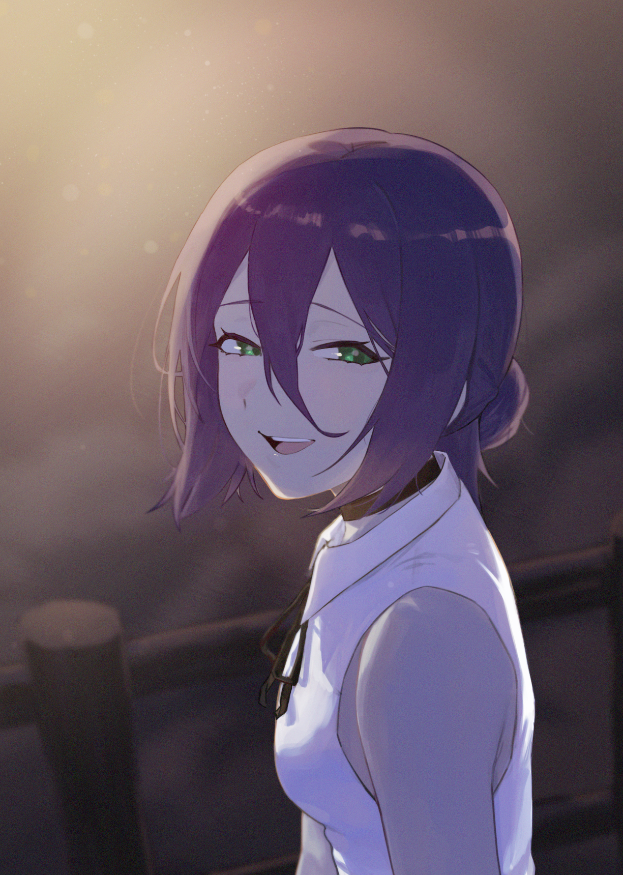 takgi, reze (chainsaw man), chainsaw man, highres, 1girl, black choker, black ribbon, breasts, choker, collared shirt, green eyes, hair between eyes, hair bun, looking at viewer, neck ribbon, night, open mouth, outdoors, purple hair, ribbon, shirt, sleeveless, sleeveless shirt, small breasts, solo, white shirt