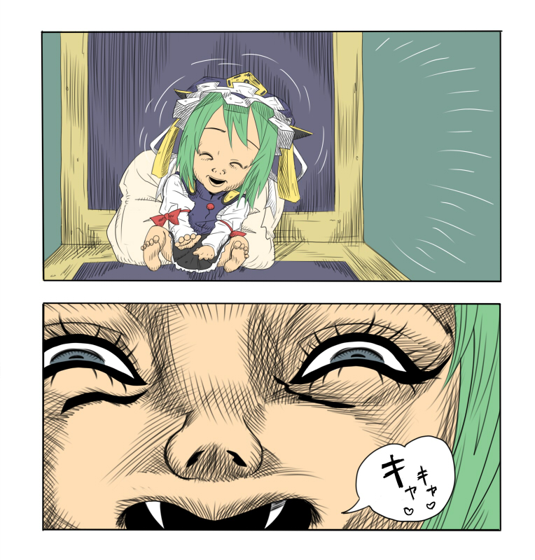 batsu, mannish boy, shiki eiki, jojo no kimyou na bouken, touhou, 1girl, araki hirohiko (style), baby, comic, creepy, fang, fangs, female focus, horror (theme), parody, sitting, solo
