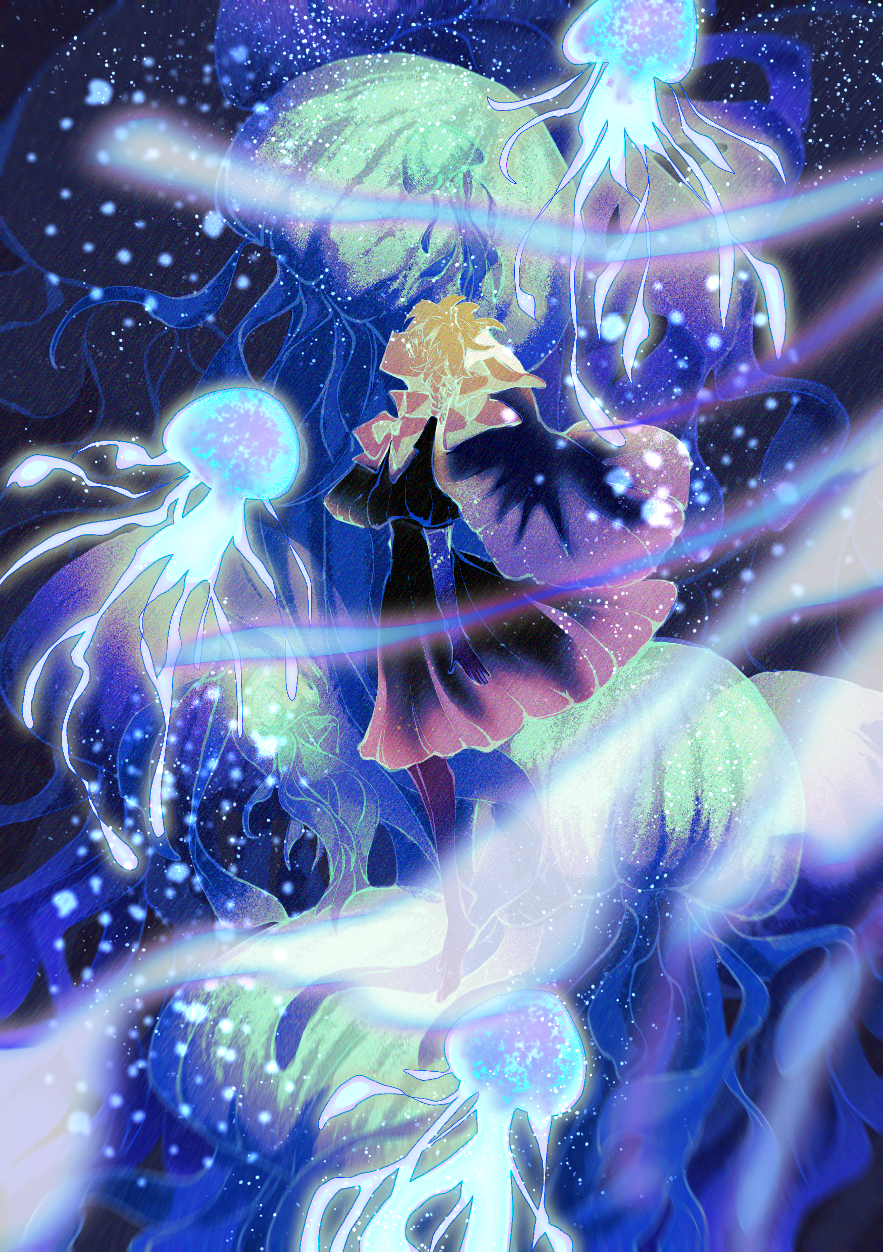kirisame marisa, meguru (cookie), cookie (touhou), touhou, absurdres, artist request, commission, highres, second-party source, 1girl, black dress, black pantyhose, blonde hair, closed eyes, dress, from side, full body, jellyfish, pantyhose, short hair, solo, star (sky)
