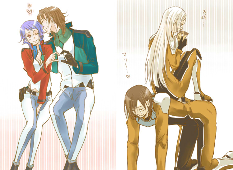 kanda (pixiv186652), allelujah haptism, anew returner, lyle dylandy, sergei smirnov, soma peries, gundam, gundam 00, pilot suit, uniform, bad id, bad pixiv id, translation request, 00s, 2boys, 2girls, all fours, belt, bodysuit, breasts, brown eyes, brown hair, cleavage, closed eyes, couple, heart, hetero, human chair, human furniture, long hair, multiple boys, multiple girls, one eye closed, purple hair, short hair, sitting, sitting on person, smile, tears, white hair, wink
