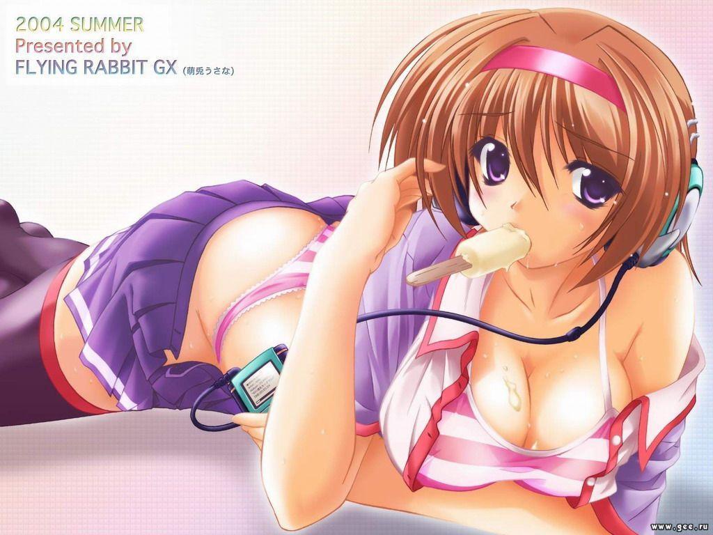 us@myo, 1girl, breasts, brown hair, cleavage, female focus, food, headphones, large breasts, panties, popsicle, purple eyes, sexually suggestive, solo, striped clothes, striped panties, thighhighs, underwear, watermark, zettai ryouiki
