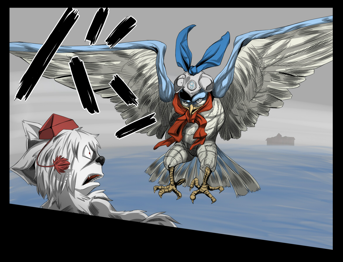 batsu, cirno, iggy (jojo), inubashiri momiji, pet shop, jojo no kimyou na bouken, touhou, 2girls, araki hirohiko (style), bird, circled 9, dog, falcon, female focus, gradient background, hat, multiple girls, no humans, outdoors, parody, sky, style parody