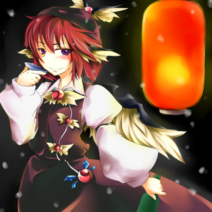 amagi xx, amaki someichi, mystia lorelei, touhou, 1girl, alcohol, animal ears, blush, bottle, cup, female focus, hat, lantern, purple eyes, sakazuki, sake, snow, solo, wings