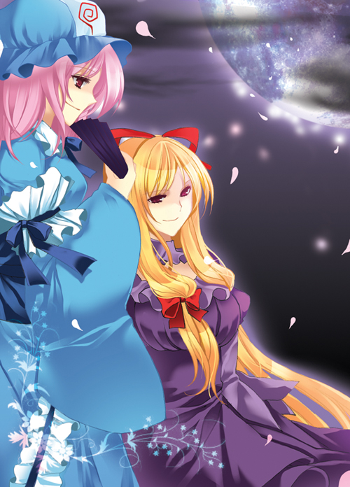 jemini, roh nam kyung, saigyouji yuyuko, yakumo yukari, touhou, bad id, bad pixiv id, 2girls, blonde hair, dress, female focus, gradient background, hat, long hair, multiple girls, pink hair, red eyes, ribbon, short hair, very long hair
