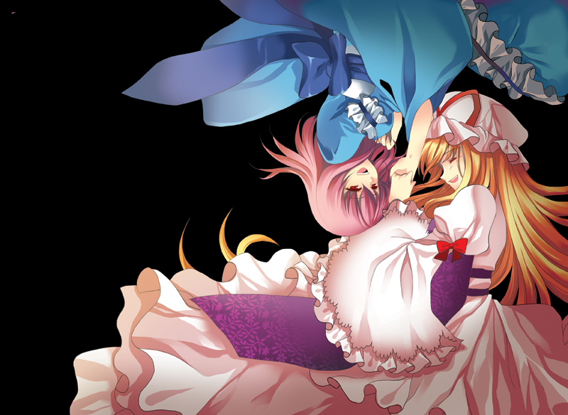 jemini, roh nam kyung, saigyouji yuyuko, yakumo yukari, touhou, bad id, bad pixiv id, 2girls, black background, blonde hair, dress, female focus, hat, japanese clothes, kimono, long sleeves, mob cap, multiple girls, pink hair, simple background, tabard, triangular headpiece, white dress