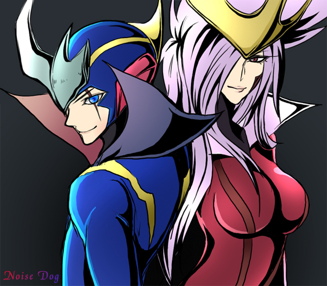 dio, leda (casshern sins), casshern (series), casshern sins, 00s, 1boy, 1girl, back-to-back, headpiece, helmet, looking at viewer, pink eyes, pink hair, upper body