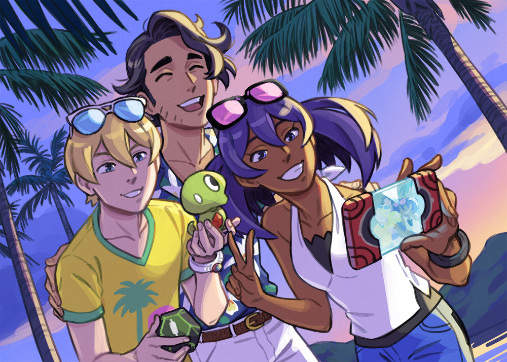 effie lealand, dexio (pokemon), professor sycamore, sina (pokemon), zygarde, zygarde core, nintendo, pokemon, pokemon sm, pokemon xy, 1girl, 2boys, alternate costume, black hair, blonde hair, blue-tinted eyewear, closed eyes, collarbone, collared shirt, dark-skinned female, dark skin, eyewear on head, gen 6 pokemon, holding, holding pokemon, legendary pokemon, mega ring, multiple boys, palm tree, pink-tinted eyewear, pokedex, pokemon (creature), purple hair, shirt, sunglasses, sunset, tinted eyewear, tree, v, yellow shirt, zygarde cube