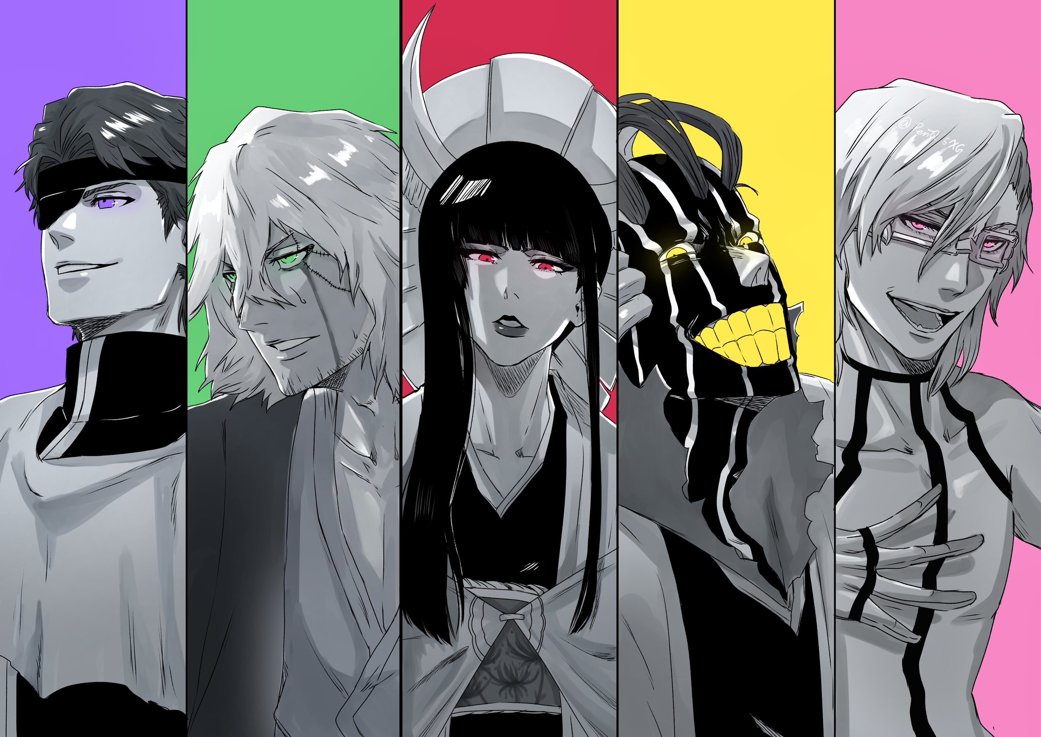 periq5xg, aizen sousuke, kurotsuchi mayuri, shutara senjumaru, szayelaporro granz, urahara kisuke, bleach, bleach: sennen kessen-hen, chinese commentary, commentary, highres, 1girl, 4boys, :d, bankai, black kimono, bodysuit, colored teeth, crescent, crescent hair ornament, eyebrows hidden by hair, eyelashes, eyepatch, frown, glasses, green eyes, greyscale with colored background, grin, hair between eyes, hair ornament, haori, japanese clothes, kannonbiraki benihime aratame (bankai), kimono, limited palette, lips, looking ahead, looking at viewer, makeup, male focus, mature female, mature male, medium hair, multiple boys, no headwear, nose, one eye covered, open mouth, parted lips, pink eyes, purple eyes, red eyes, short hair, simple background, smile, spiked hair, stitched face, stitches, sweatdrop, taichou haori, teeth, trait connection, tsurime, upper body, v-shaped eyebrows, yellow eyes, yellow teeth