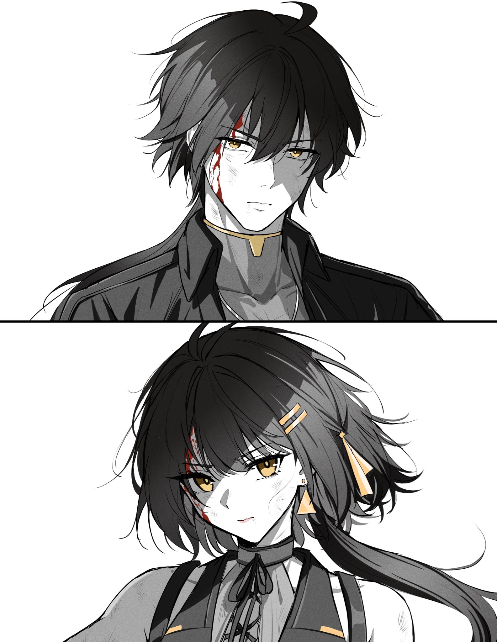 reia 76, female rover (wuthering waves), male rover (wuthering waves), rover (wuthering waves), wuthering waves, commentary, highres, 1boy, 1girl, ahoge, bare shoulders, black hair, blood, blood on face, closed mouth, collared jacket, covered collarbone, dual persona, earrings, hair between eyes, hair ornament, hair ribbon, hairclip, jacket, jewelry, long hair, looking at viewer, male focus, parallel hairclips, portrait, ribbon, shirt, simple background, spot color, triangle earrings, white background, yellow eyes, yellow ribbon