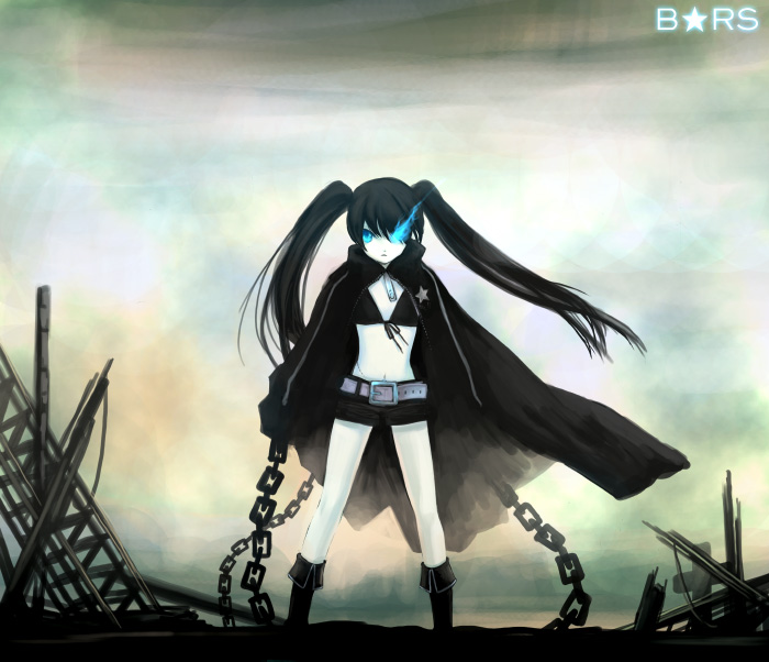 mizusawa hikaru, black rock shooter (character), black rock shooter, vocaloid, 10s, 1girl, belt, bikini, bikini top only, black hair, blue eyes, boots, cape, chain, female focus, glowing, glowing eyes, long hair, midriff, navel, shorts, solo, swimsuit, twintails