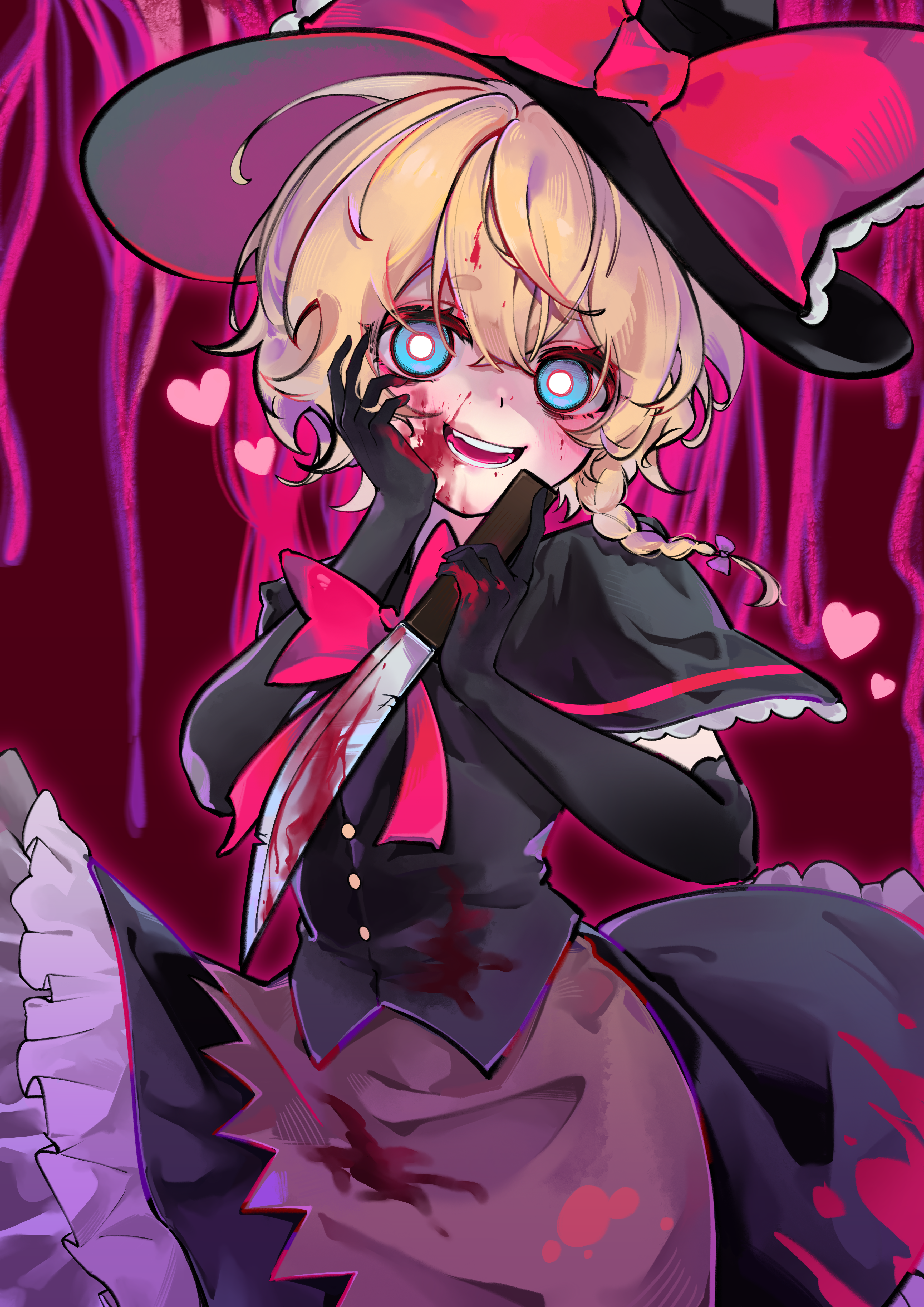 kirisame marisa, meguru (cookie), cookie (touhou), touhou, absurdres, artist request, commission, highres, second-party source, 1girl, apron, black capelet, black gloves, black hat, black skirt, black vest, blonde hair, blood, blood on face, bloody knife, blue eyes, blush, bow, bowtie, braid, bright pupils, brown apron, buttons, capelet, cowboy shot, elbow gloves, frilled skirt, frills, gloves, hair bow, hand on own cheek, hand on own face, hat, hat bow, heart, holding, holding knife, knife, looking at viewer, open mouth, red background, red bow, red bowtie, short hair, side braid, single braid, skirt, skirt set, smile, solo, vest, waist apron, white pupils, witch hat