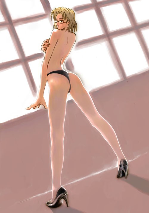 akagi ritsuko, neon genesis evangelion, breast hold, 1girl, ass, back, blonde hair, breasts, female focus, glasses, high heels, legs, no bra, panties, shoes, short hair, solo, standing, sunlight, thong, topless female, underwear, window