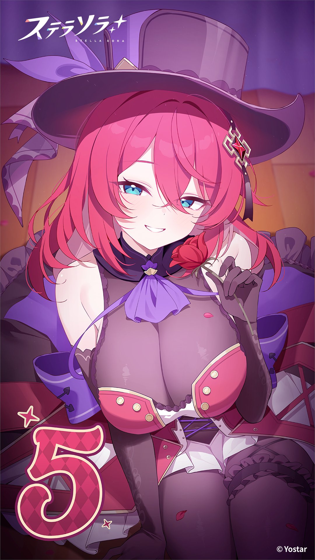 deyui, stella sora, commentary request, highres, official art, 1girl, bare shoulders, black hat, bodystocking, breasts, cleavage, elbow gloves, flora (stella sora), flower, frilled thigh strap, gloves, hair ornament, hand up, hat, holding, holding flower, large breasts, long hair, looking at viewer, parted lips, red flower, red rose, rose, sitting, smile, solo, thigh strap, top hat