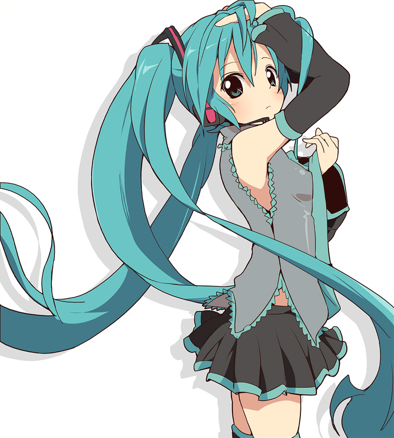 ixy, hatsune miku, vocaloid, 00s, 1girl, aqua eyes, aqua hair, armpits, blush, female focus, long hair, matching hair/eyes, silhouette, simple background, solo, standing, thighhighs, twintails, very long hair, white background