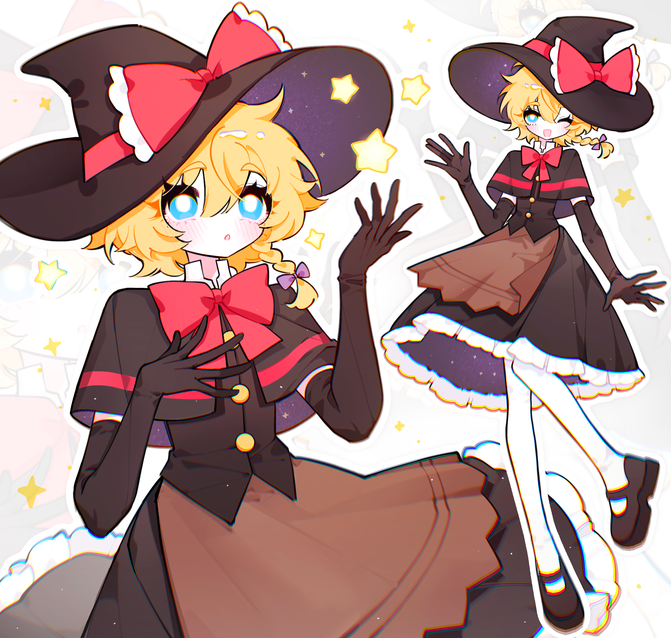 kirisame marisa, meguru (cookie), cookie (touhou), touhou, artist request, commission, highres, second-party source, 1girl, apron, black capelet, black gloves, black hat, black shoes, black skirt, black vest, blonde hair, blue eyes, blush, bow, bowtie, braid, bright pupils, brown apron, buttons, capelet, elbow gloves, frilled skirt, frills, full body, gloves, hair bow, hat, hat bow, looking at viewer, mary janes, multiple views, open mouth, pantyhose, purple bow, red bow, red bowtie, shoes, side braid, single braid, skirt, skirt set, smile, star (symbol), vest, waist apron, white background, white pantyhose, white pupils, witch hat