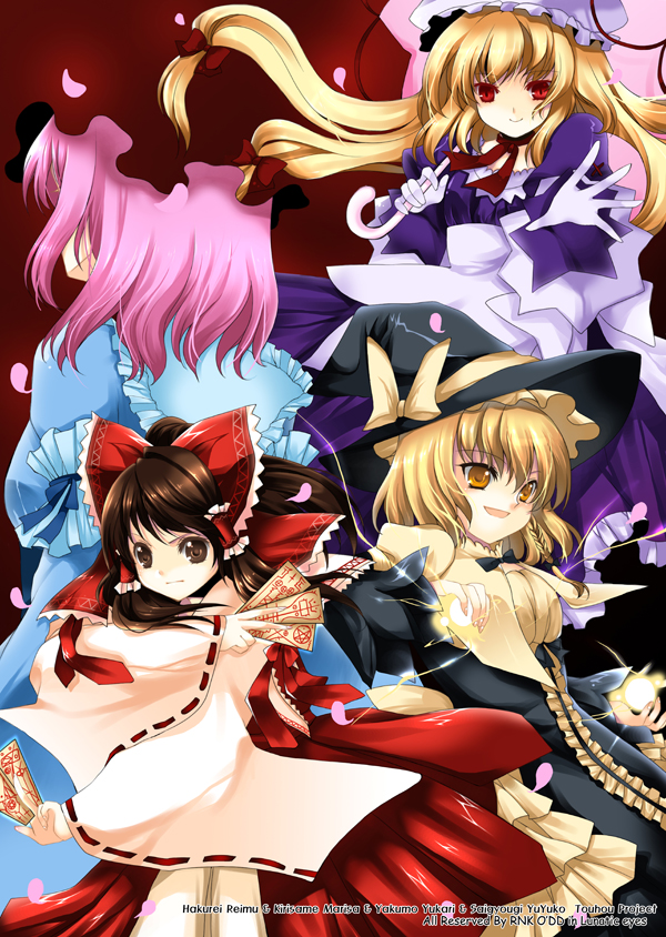 jemini, roh nam kyung, hakurei reimu, kirisame marisa, saigyouji yuyuko, yakumo yukari, touhou, looking away, bad id, bad pixiv id, 4girls, blonde hair, bow, braid, brown eyes, brown hair, character name, cherry blossoms, detached sleeves, dress, embellished costume, female focus, floating hair, frills, gloves, hair bow, hat, long hair, looking at viewer, multiple girls, neck ribbon, ofuda, parasol, petals, pink hair, reaching, red eyes, ribbon, serious, short hair, side braid, skirt, smile, umbrella, witch hat, yellow eyes