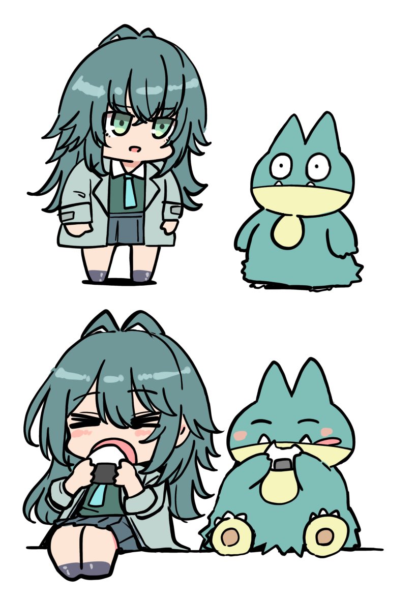 kawamochi (kawauti919), munchlax, tsukimura temari, gakuen idolmaster, idolmaster, nintendo, pokemon, commentary request, > <, 1girl, blush stickers, chibi, closed eyes, collared shirt, crossover, food, gen 4 pokemon, green eyes, green hair, green shirt, grey jacket, grey skirt, grey socks, hair between eyes, holding, holding food, jacket, long hair, long sleeves, onigiri, open clothes, open jacket, open mouth, parted lips, pleated skirt, pokemon (creature), shirt, simple background, sitting, skirt, socks, very long hair, white background