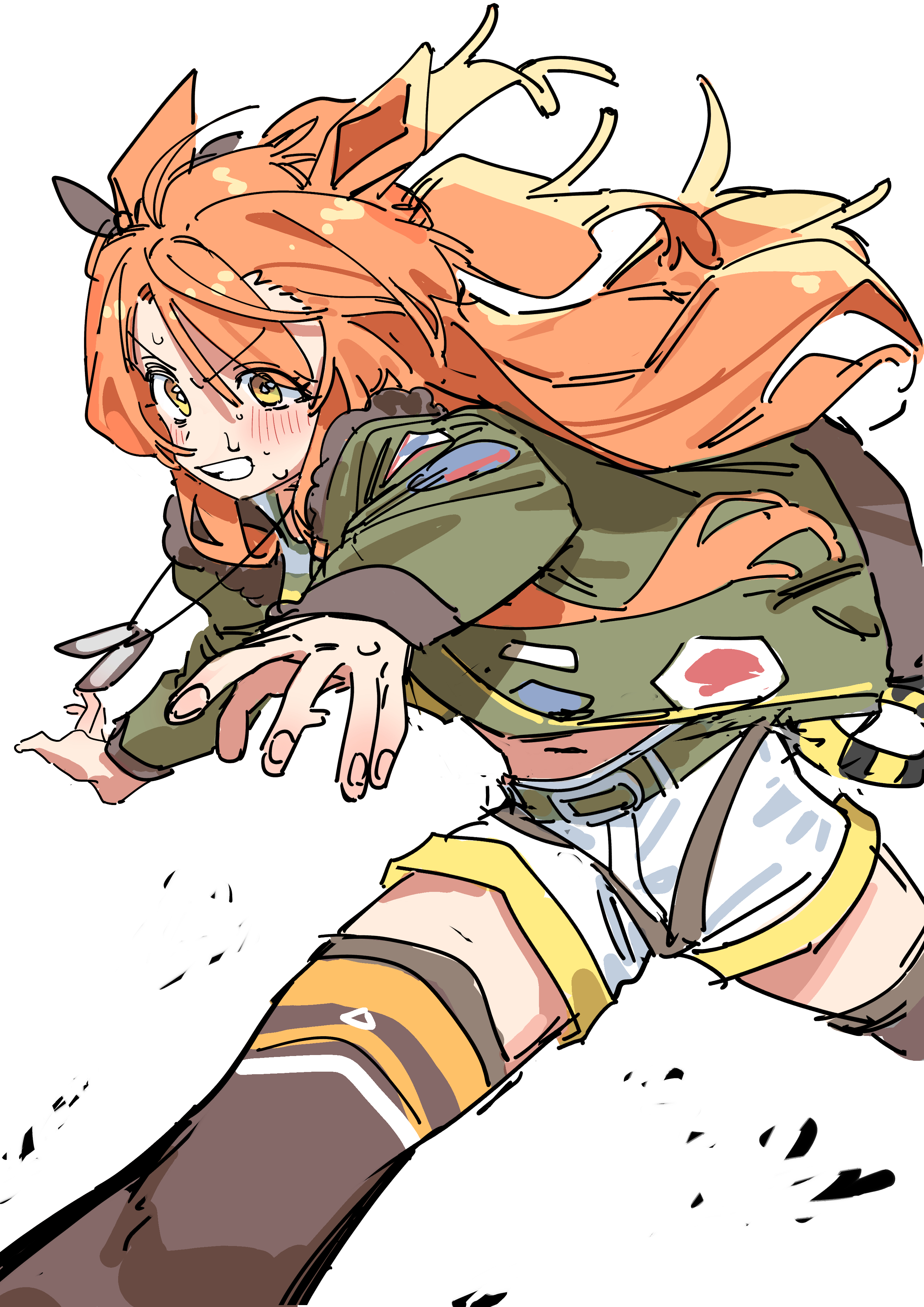 haruyuki (gffewuoutgblubh), mayano top gun (scramble zone) (umamusume), mayano top gun (umamusume), umamusume, absurdres, highres, 1girl, animal ears, belt, blush, bomber jacket, bow, brown ribbon, dog tags, ear bow, ear ribbon, green belt, green jacket, hair between eyes, heart belt buckle, horse ears, horse girl, horse tail, jacket, long hair, long sleeves, navel, open mouth, orange eyes, orange hair, orange tail, ribbon, shirt, shorts, simple background, solo, tail, two side up, white background, white shorts