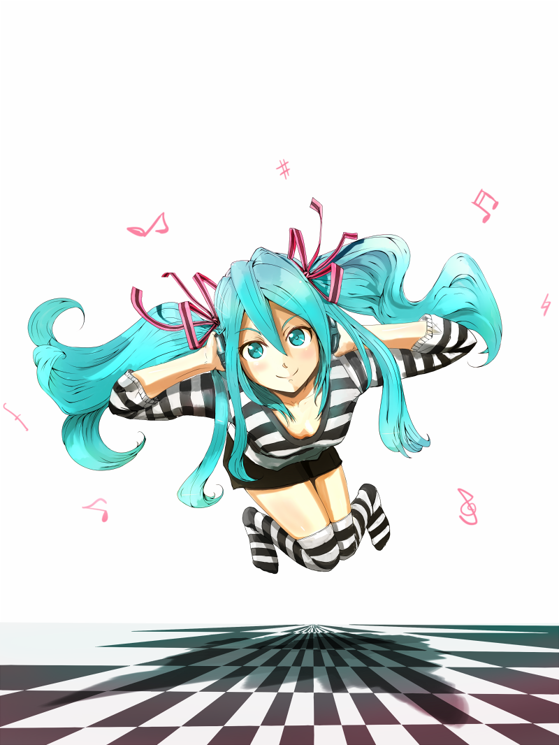 yammy (artist), yammy (cellblo), hatsune miku, vocaloid, 1girl, aqua eyes, aqua hair, female focus, flying, headphones, listening to music, musical note, shadow, solo, striped clothes, striped thighhighs, thighhighs, twintails