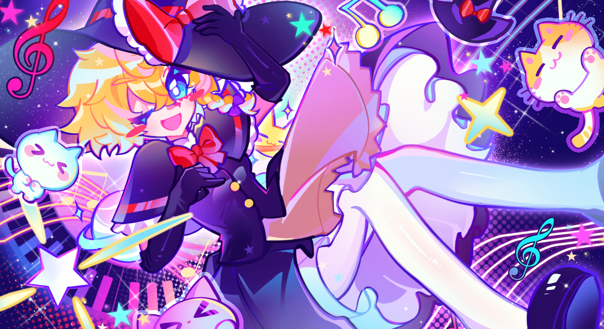 kirisame marisa, meguru (cookie), cookie (touhou), touhou, artist request, commission, highres, second-party source, 1girl, apron, black capelet, black gloves, black hat, black shoes, black skirt, black vest, blonde hair, blue eyes, blush stickers, bow, bowtie, braid, bright pupils, brown apron, buttons, capelet, cat, elbow gloves, foot out of frame, frilled skirt, frills, gloves, hair bow, hand on headwear, hat, hat bow, instrument, looking at viewer, musical staff, one eye closed, open mouth, pantyhose, piano, purple background, red bow, red bowtie, shoes, short hair, side braid, single braid, skirt, skirt set, smile, solo, vest, waist apron, white pantyhose, white pupils