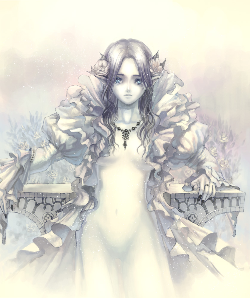 mizusawa hikaru, original, 1girl, albino, blue eyes, cowboy shot, female focus, flower, frills, gathers, hair flower, hair ornament, jewelry, long hair, nail polish, necklace, nude, pale color, pointy ears, solo, wavy hair, white hair, white theme
