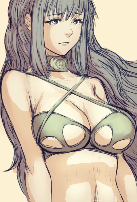 fumio (rsqkr), bare shoulders, bikini, breasts, green bikini, grey eyes, grey hair, large breasts, long hair, solo, swimsuit