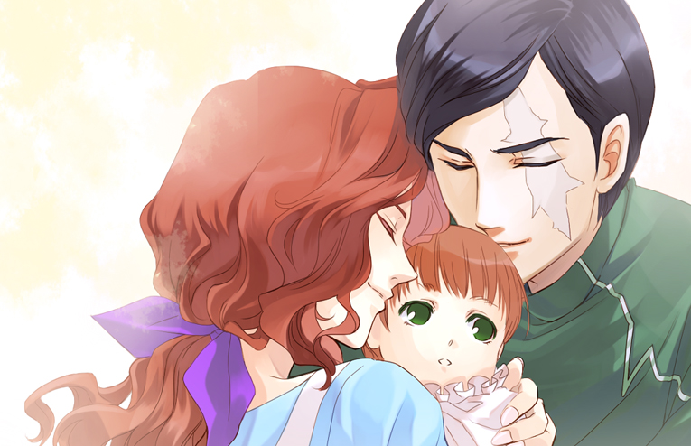 noshi (pixiv39064), shinomna, andrei smirnov, holly smirnov, sergei smirnov, gundam, gundam 00, bad id, bad pixiv id, 00s, 1girl, 2boys, black hair, closed eyes, family, green eyes, happy, multiple boys, red hair, scar, scar across eye, scar on face