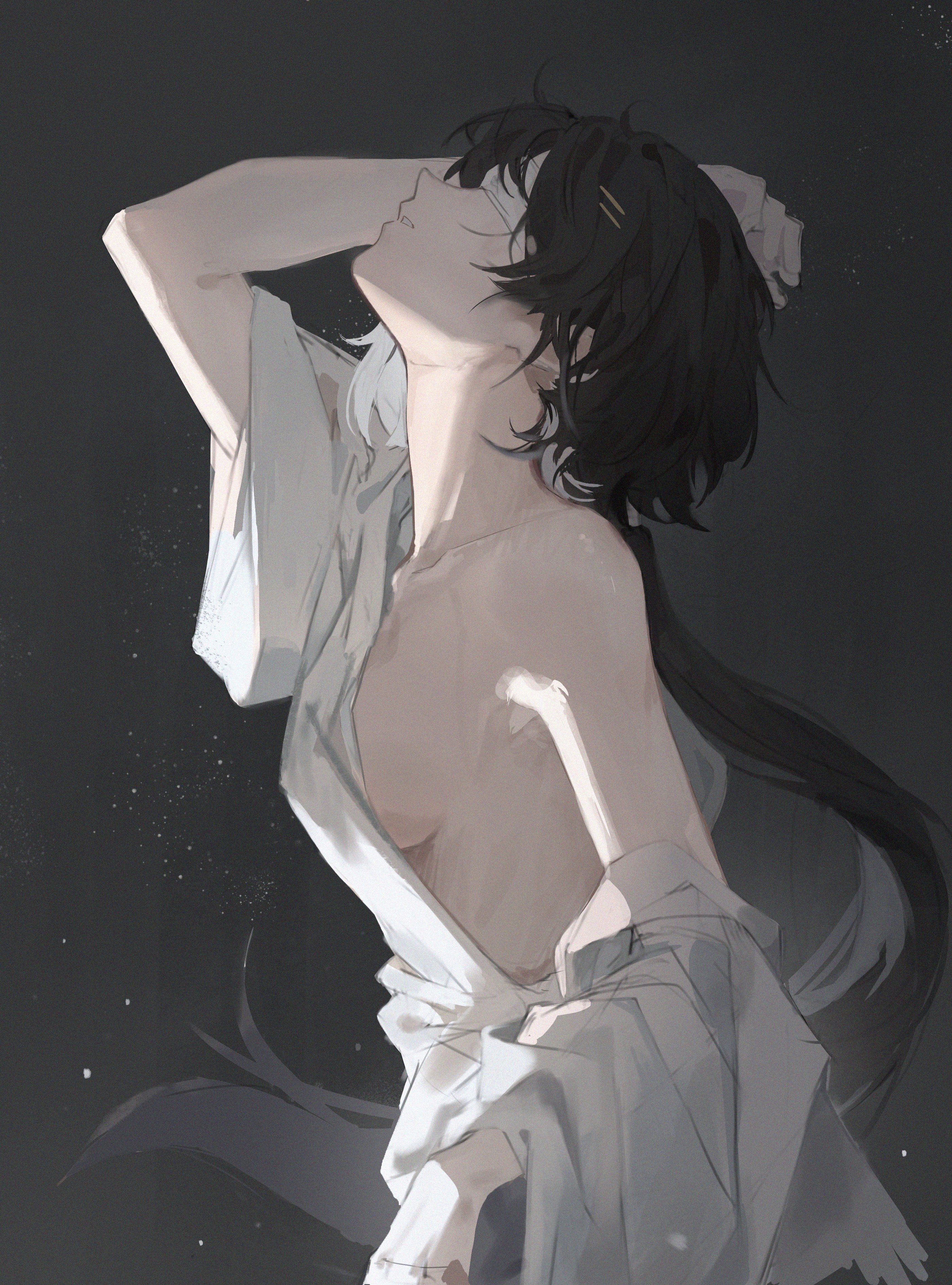 elyzerda, female rover (wuthering waves), rover (wuthering waves), wuthering waves, facing up, absurdres, commentary, english commentary, highres, 1girl, alternate costume, arm up, black hair, breasts, clothes down, colored inner hair, from side, hair ornament, hairclip, long hair, low ponytail, medium breasts, multicolored hair, parallel hairclips, parted lips, ponytail, profile, sideboob, solo, upper body, white hair