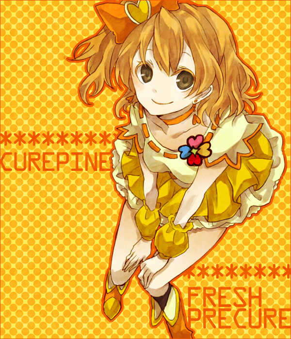 buzz (moi), cure pine, yamabuki inori, fresh precure!, precure, 00s, 1girl, brown eyes, brown hair, female focus, hair ornament, heart, heart hair ornament, magical girl, smile, solo