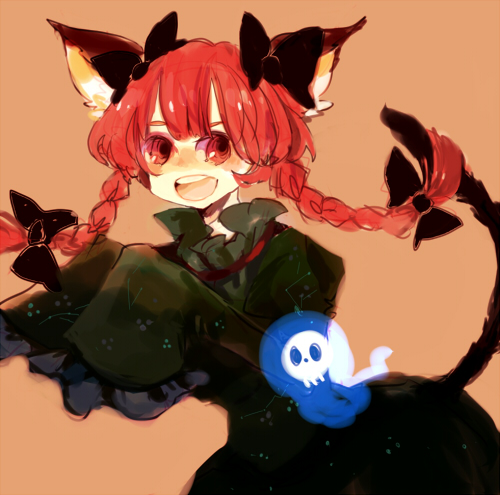 az, azuma aya, kaenbyou rin, touhou, lowres, 1girl, braid, female focus, red eyes, red hair, simple background, solo, twin braids