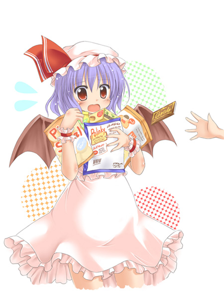 exe (artist), xe (execut3r), remilia scarlet, touhou, light purple hair, 1girl, bat wings, female focus, food, hat, red eyes, short hair, snack, solo, wings