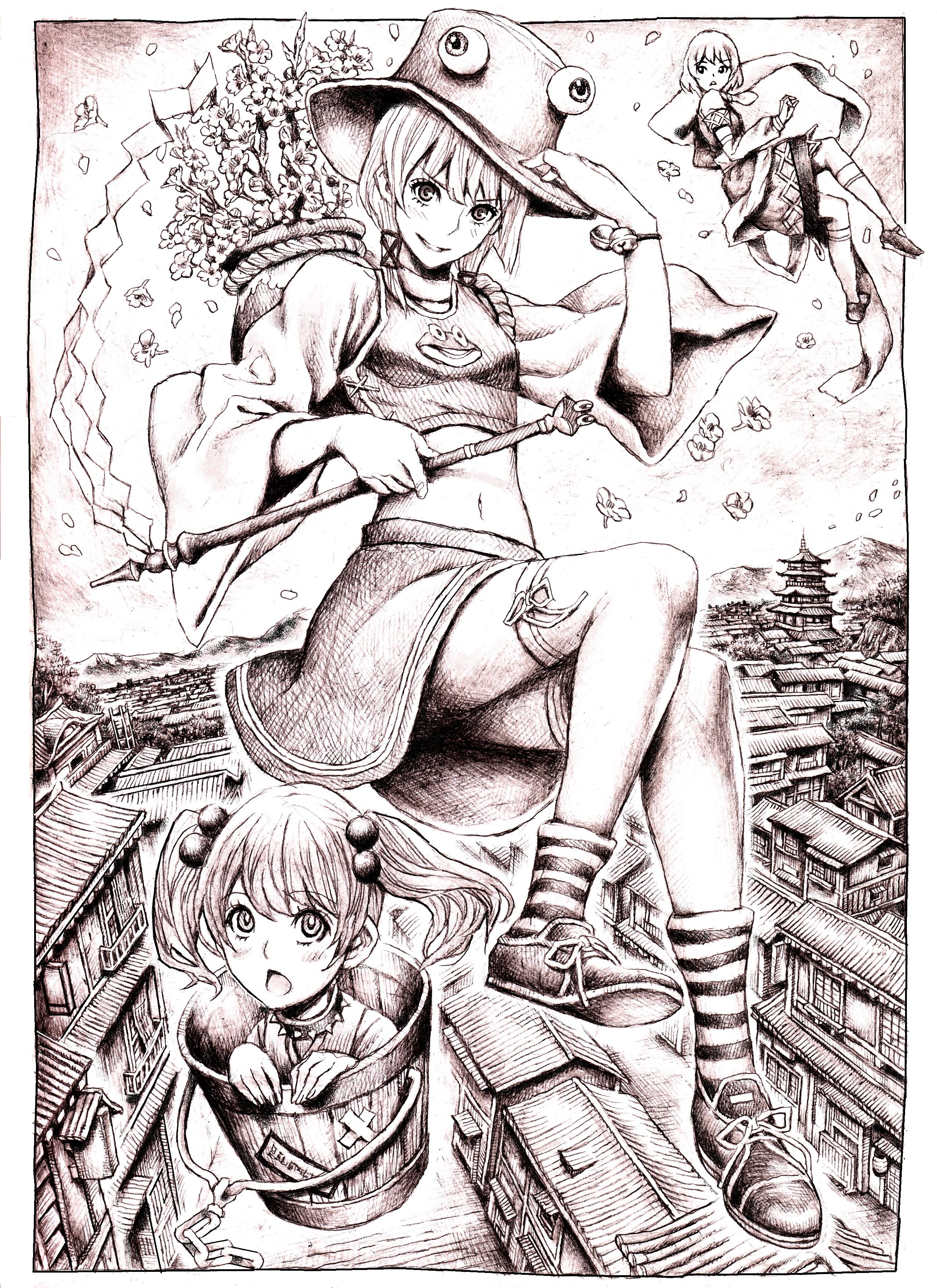 nobita (makoto7060355), kisume, mizuhashi parsee, moriya suwako, touhou, absurdres, highres, 3girls, female focus, flower, greyscale, hat, midriff, monochrome, multiple girls, navel, outdoors, pink theme, plant, skirt, sky, thighhighs
