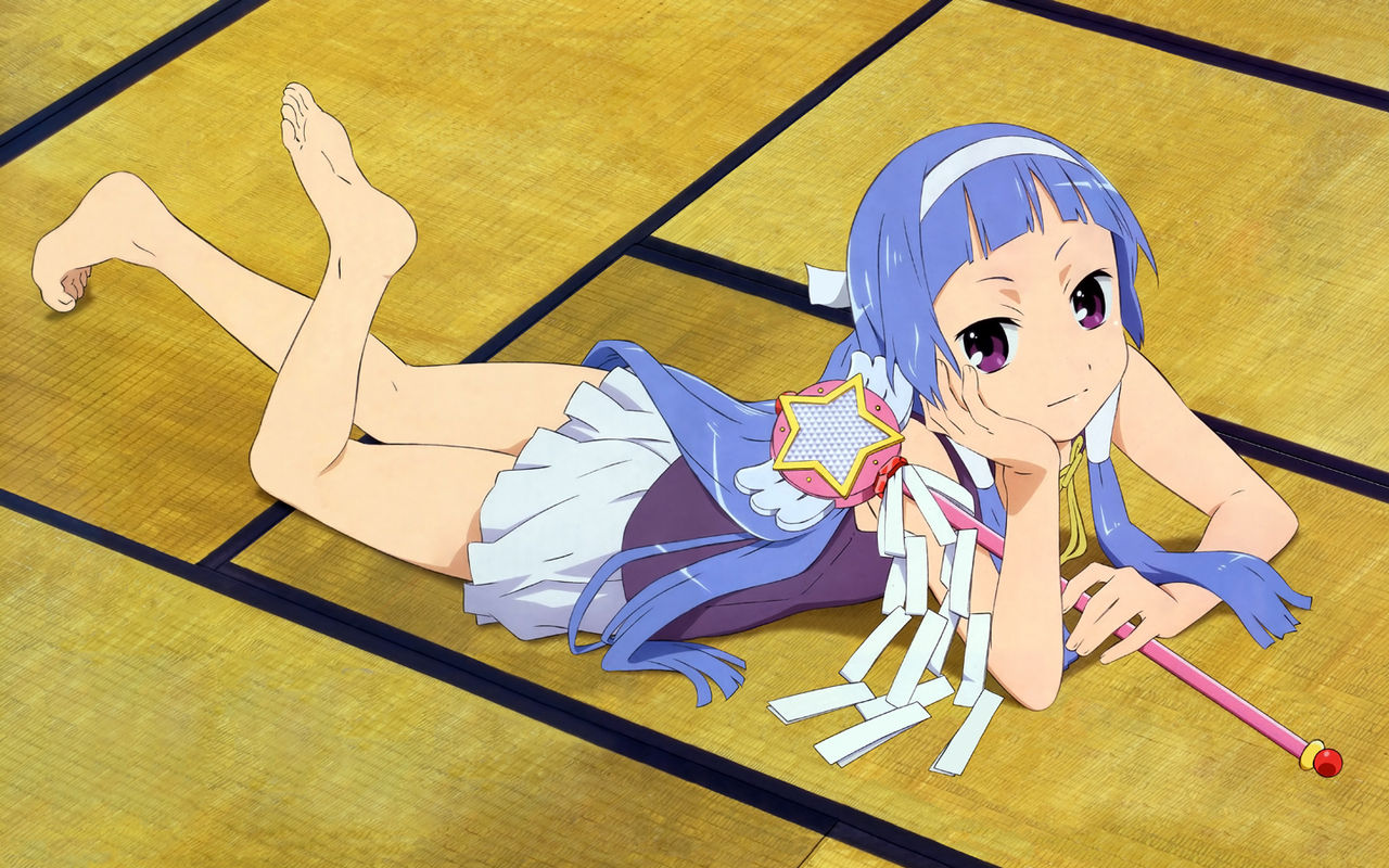 noda yasuyuki, nagi, kannagi, 00s, 1girl, barefoot, blue hair, blunt bangs, feet, female focus, hairband, legs, long hair, lying, pleated skirt, purple eyes, skirt, smile, solo, wand, white skirt