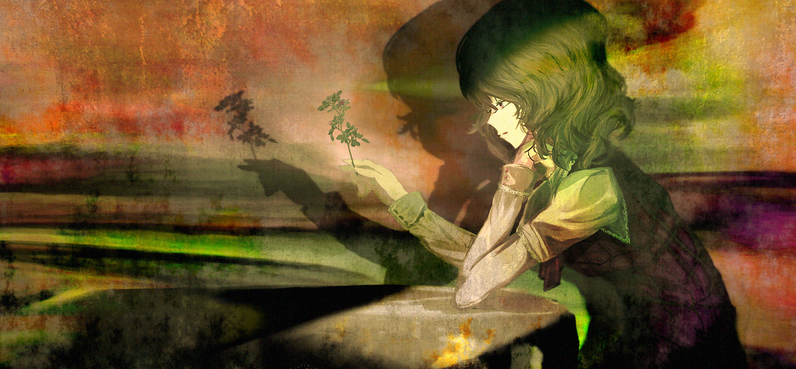 yoshioka yoshiko, kazami yuuka, touhou, highres, 1girl, ascot, faux traditional media, female focus, flower, green hair, head rest, holding, holding flower, shadow, short hair, solo, upper body, vest