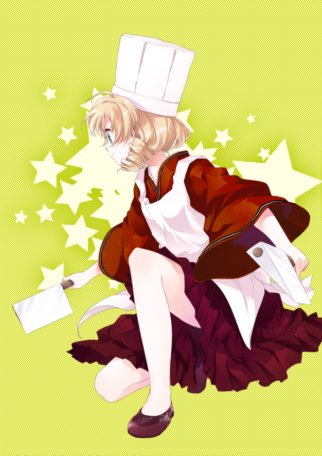 namori, original, bad id, bad pixiv id, apron, blonde hair, chef hat, cleaver, drill hair, dual wielding, hat, holding, solo, star (symbol)