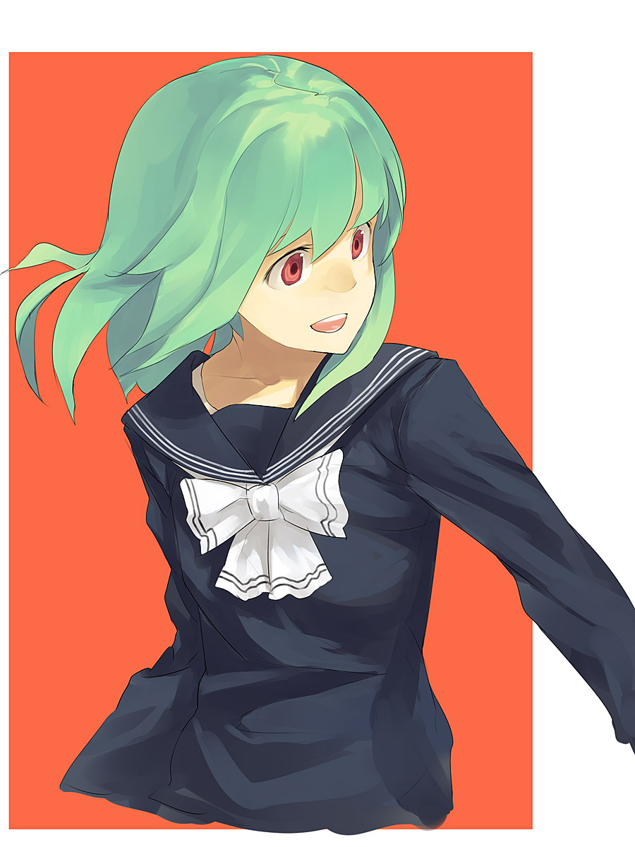 hama (22ji kara 24ji), original, highres, tagme, green hair, red eyes, school uniform, solo