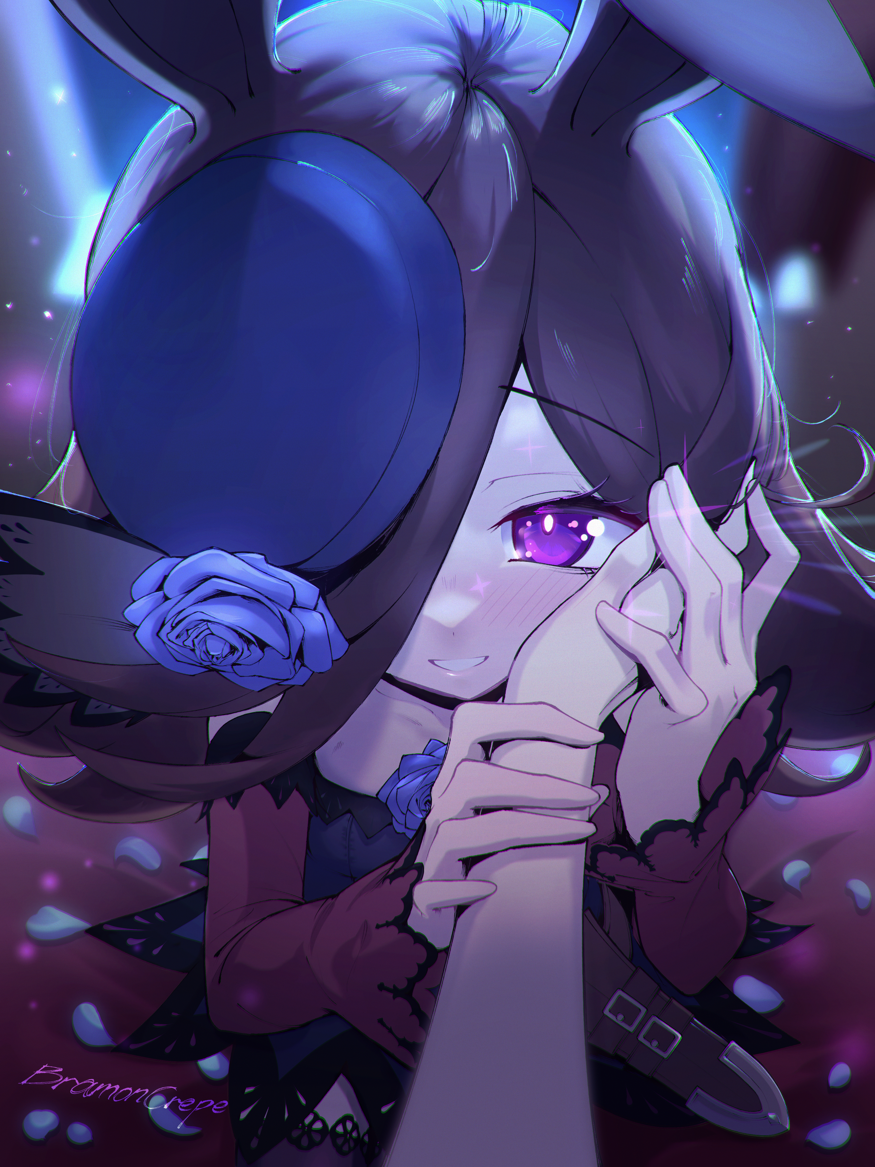 bramoncrepe, rice shower (rosy dreams) (umamusume), rice shower (umamusume), umamusume, absurdres, highres, 1girl, 1other, animal ears, black hair, blue flower, blue hat, blush, dress, flower, grin, hair over one eye, hand grab, hand on another's face, hat, hat flower, horse ears, horse girl, long hair, looking at viewer, off-shoulder dress, off shoulder, pov, purple dress, purple eyes, red sleeves, smile