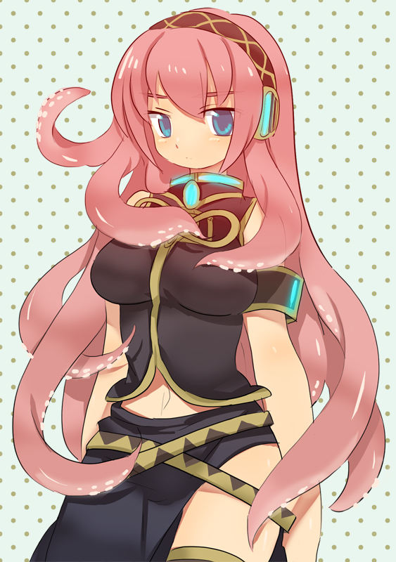 dadami, megurine luka, takoluka, vocaloid, bad id, bad pixiv id, 1girl, blue eyes, breasts, female focus, headphones, large breasts, living hair, long hair, pink hair, polka dot, polka dot background, solo, tentacle hair, tentacles, thighhighs, very long hair
