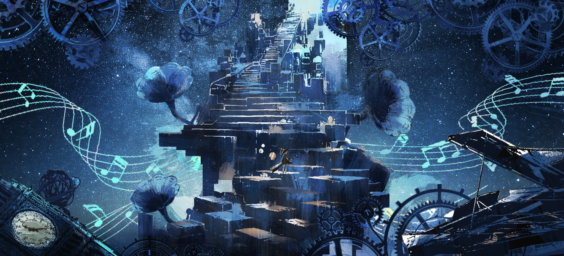 kirisame marisa, meguru (cookie), cookie (touhou), touhou, artist request, commission, highres, second-party source, 1girl, black hat, blue sky, blue theme, clock, clock tower, full body, gears, grand piano, hat, instrument, phonograph, piano, sky, solo, stairs, star (sky), starry sky, tower, wide shot, witch hat