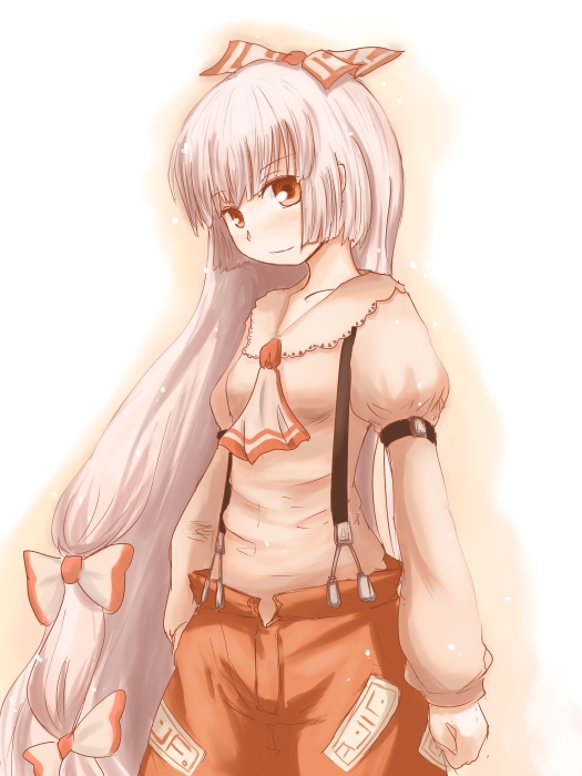 kokotetsu, fujiwara no mokou, touhou, 1girl, ascot, bow, brooch, female focus, gem, hair bow, jewelry, long hair, long sleeves, looking at viewer, ofuda, red eyes, solo, standing, suspenders, very long hair, white hair