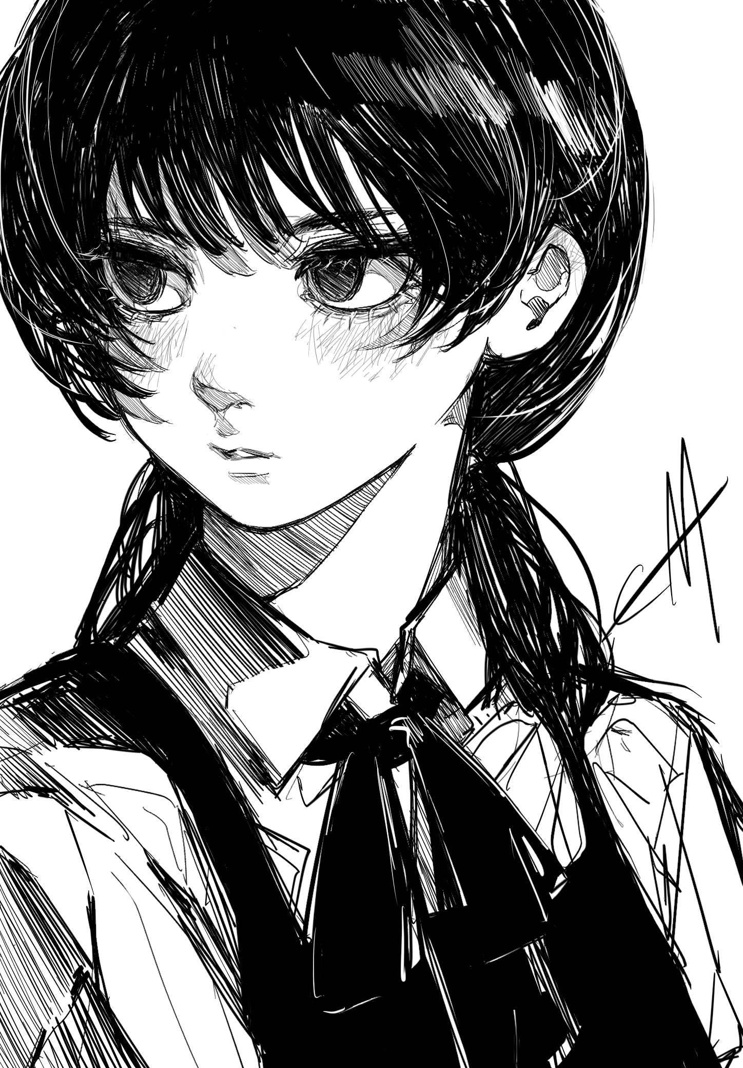 ema ema39, mitaka asa, chainsaw man, highres, 1girl, collared shirt, dress, fourth east high school uniform, greyscale, low twintails, monochrome, neck ribbon, parted lips, pinafore dress, ribbon, school uniform, shirt, sleeveless, sleeveless dress, solo, twintails, upper body