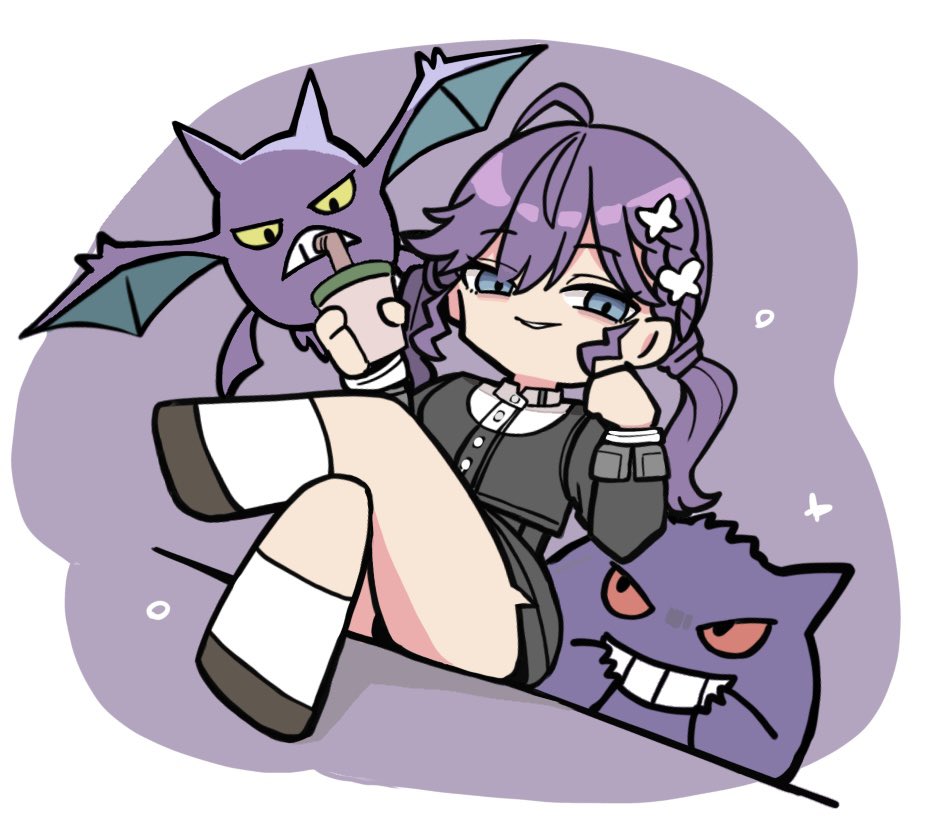 kawamochi (kawauti919), crobat, gengar, kaya rinha, gakuen idolmaster, idolmaster, nintendo, pokemon, commentary request, 1girl, ahoge, bendy straw, black dress, blue eyes, braid, brown shoes, crossed legs, crossover, cup, disposable cup, dress, drinking straw, gen 1 pokemon, gen 2 pokemon, hair between eyes, hands up, holding, holding cup, long hair, long sleeves, looking at viewer, pokemon (creature), purple background, purple hair, shirt, shoes, sitting, smile, socks, twintails, two-tone background, white background, white shirt, white socks
