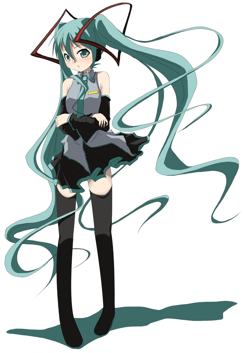 tomcat, hatsune miku, vocaloid, aqua eyes, aqua hair, crossed arms, detached sleeves, long hair, necktie, skirt, solo, thighhighs, twintails, very long hair