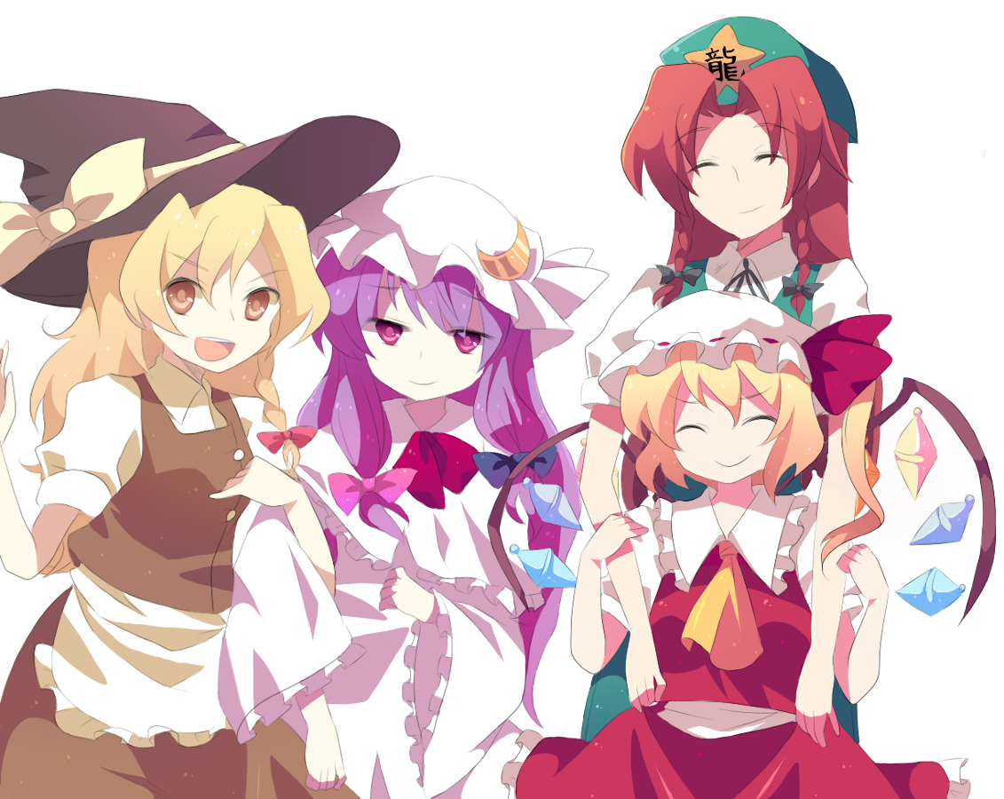 hacchi, flandre scarlet, hong meiling, kirisame marisa, patchouli knowledge, embodiment of scarlet devil, touhou, bad id, bad pixiv id, 4girls, blonde hair, braid, china dress, chinese clothes, crescent hat ornament, dress, female focus, hat, hat ornament, long hair, multiple girls, purple eyes, purple hair, red eyes, red hair, ribbon, short hair, witch, witch hat, yellow eyes