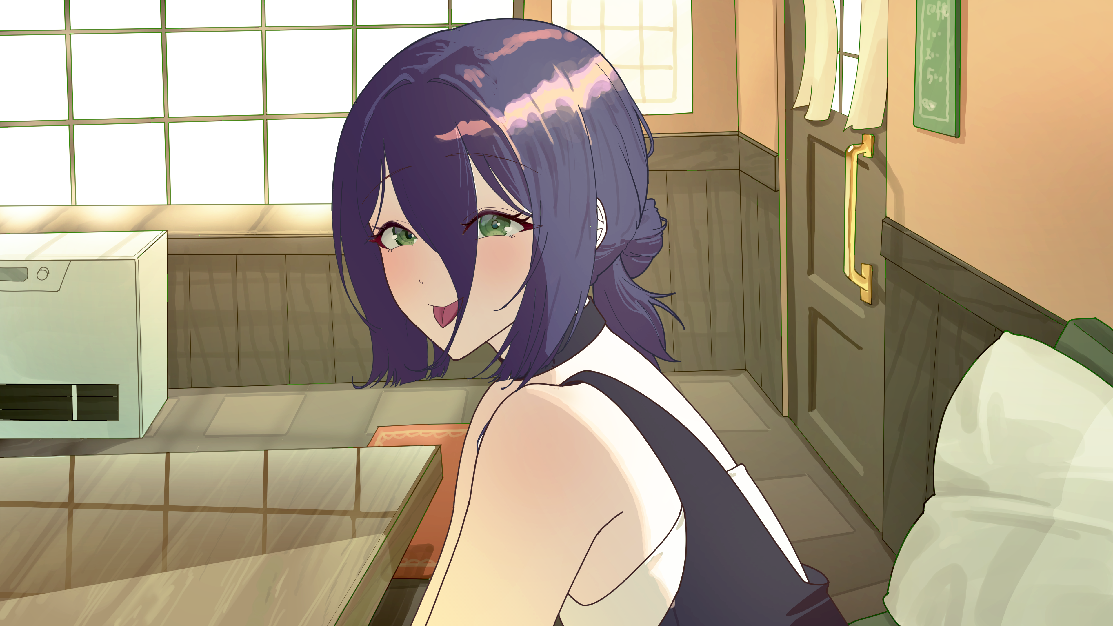 kiki (akasaka0818), reze (chainsaw man), chainsaw man, absurdres, highres, 1girl, black choker, choker, cushion, door, green eyes, hair between eyes, hair bun, indoors, purple hair, sitting, solo, table, tongue, tongue out, window