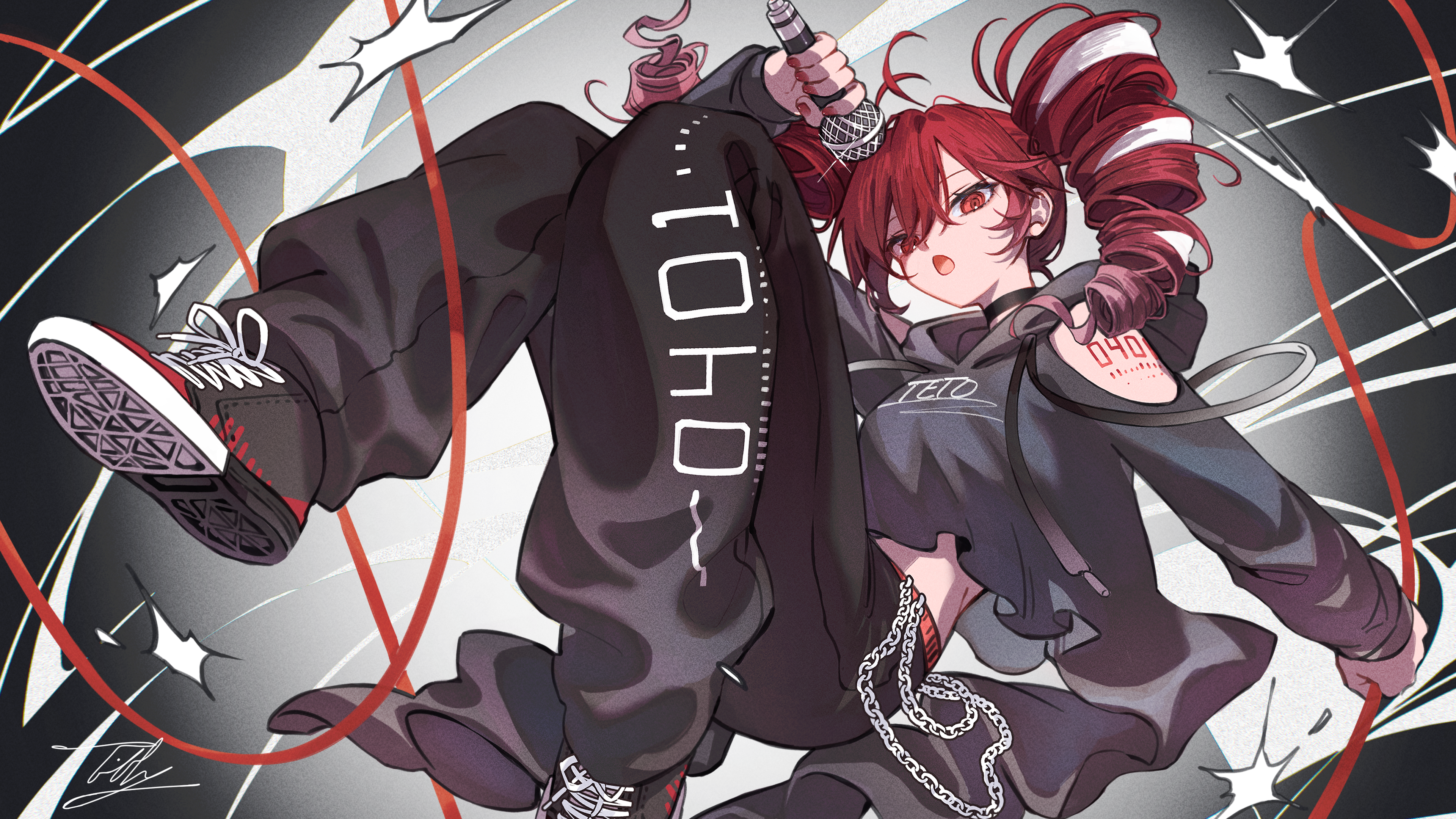 tiffy owoo, kasane teto, kasane teto (sv), synthesizer v, absurdres, highres, variant set, video thumbnail, 1girl, arm cutout, arm tattoo, belt, black choker, black pants, black shoes, chain, choker, clothing cutout, contemporary, cropped hoodie, drawstring, drill hair, floating clothes, gradient background, grey background, grey hoodie, hair ribbon, holding, holding microphone, hood, hoodie, long sleeves, looking at viewer, medium hair, microphone, multicolored hair, number tattoo, open mouth, pants, pink hair, red belt, red hair, ribbon, shoes, solo, sweatpants, tattoo, twin drills, white background, white ribbon