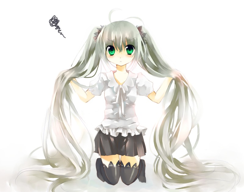 jin rikuri, hatsune miku, vocaloid, kneeling, long hair, solo, thighhighs, twintails, very long hair, zettai ryouiki