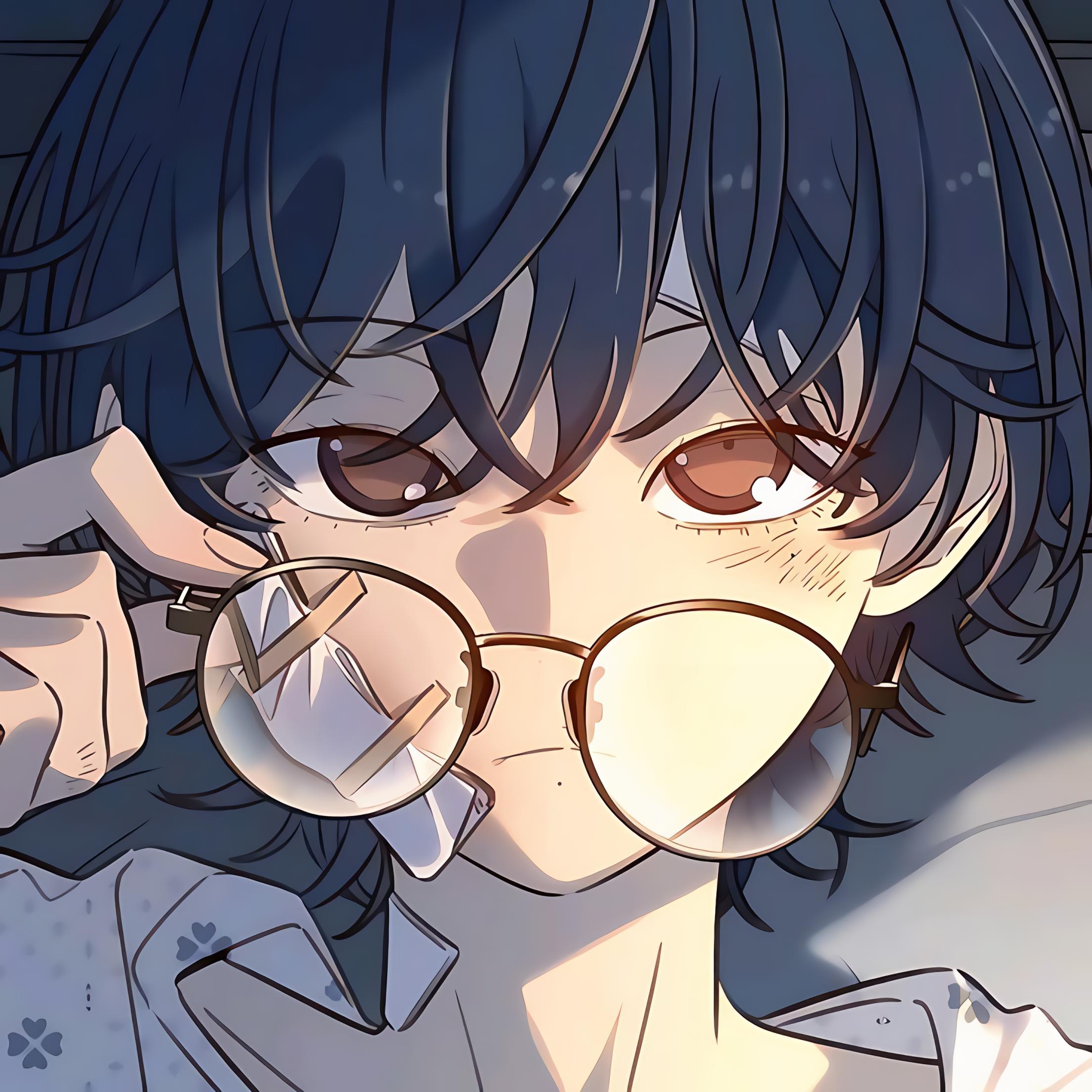 kang mina, everyone loves her, 1girl, angry, blue hair, brown eyes, closed mouth, female focus, glasses, manga illustration, medium hair, night, shirt, upper body, white shirt