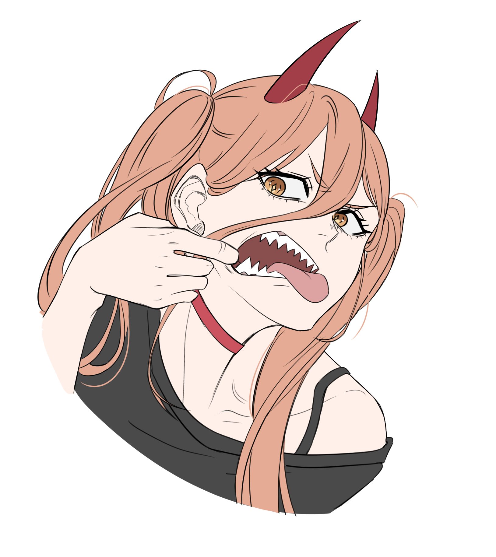 dassill1103, power (chainsaw man), chainsaw man, highres, 1girl, black shirt, choker, demon girl, demon horns, finger in own mouth, horns, long hair, mouth pull, open mouth, orange hair, red choker, red horns, sharp teeth, shirt, simple background, solo, teeth, tongue, tongue out, twintails, white background, yellow eyes